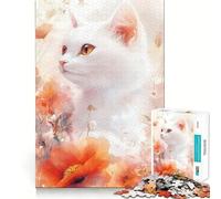 Puzzle Adulte Chat Blanc à l'aquarelle Florale,1000 pièces,Jeu de réflexion,Cadeau,découpe de Haute précision,activité relaxante à Faire en Groupe à l'intérieur (38x26cm)