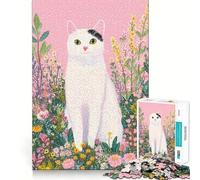 Puzzle Adulte Chat Blanc dans Une Prairie Fleurie colorée 1000 pièces,Jeu de réflexion,Cadeau,découpe de Haute précision,activité relaxante à Faire en Groupe à l'intérieur (38x26cm)