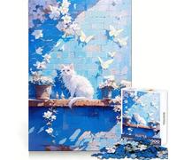 Puzzle Adulte Chat Blanc sur Mur Bleu 1000 pièces Bien-être Mental Activité sereine Bords tranchants Cadeau spécial (38x52cm)