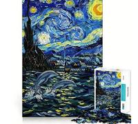 Puzzle Adulte Dauphins sous la Nuit étoilée 1000 pièces, Jeu de logique et de réflexion, Plaisir Lent, découpe précise, pièce de Collection 38x52cm