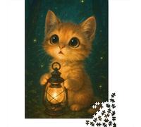 Puzzle Adulte De 1000 Pièces, Cute Kitten with Lantern in Forest, 38x26cm/1000pcs, À Compléter en Plusieurs Sessions; Pièces en Carton Blanc pour La Table