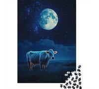 Puzzle Adulte De 1000 Pièces, Lonely Cow in Moonlight, 52x38cm/1000pcs; Loisir D’intérieur À La Maison; Carton Blanc Lisse pour Un Tri Simple