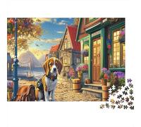Puzzle Adulte de Beagle, 1000 pièces, Beagle dans la Rue de la Ville, décor de Maison vive et de Fleurs, Jeu éducatif, Anti-Stress, Excellent Cadeau pour décoration Murale, 52x38cm/1000pcs