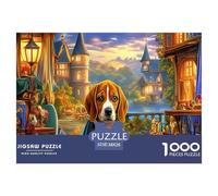 Puzzle Adulte de Beagle, 1000 pièces, en Papier recyclé, Beagle près d'un château illuminé, décor de Ville vive, Jeu Difficile, Amusant et Stimulant, Jeu pour la Famille, 38x26cm/1000pcs