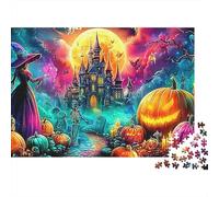 Puzzle Adulte Difficile 1000 Pièces, Parapluie Arc-en-Ciel, Sorcière et Citrouilles dans Une Forêt Fantastique Effrayante, Premium Épais Robustes Haute Qualité, Défi Antistress 38x26cm