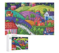 Puzzle Adulte en Bois Whimsical Village Night Scene Wall Mural, 1000 PCS