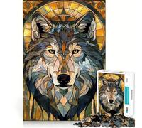 Puzzle Adulte en Verre doré rétro Loup,1000 pièces,Jeu de Stimulation Cognitive,Design ajusté sans Espace,Cadeau d'anniversaire,Casse-tête (50x75cm)