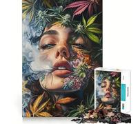 Puzzle Adulte Femme avec Fleurs de Cannabis,1000 pièces,Jeu de mémoire Amusant,Assemblage Stable,pièces Qui ne bougent Pas,Format Compact,idéal pour des Moments de Jeu en Famille (50x75cm)