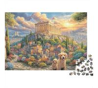 Puzzle Adulte Haute Qualité 1000 Pièces, Chiens Dorés à Athènes, Golden Retrievers, Parthénon, Coucher du Soleil, Premium Épais Robustes, Défi Jeu Famille 52x38cm