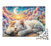 Puzzle Adulte Haute Qualité 1000 Pièces, Rêve de Chat Endormi, Chat Blanc Faisant la Sieste sous Un Croissant de Lune, Premium Épais Robustes, Défi Jeu Famille 38x26cm