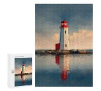 Puzzle Adulte Lighthouse on Rocky Islet ｜ Reflected Lighthouse at Sunset, 300 PCS, Illustration Détaillée, comme Loisir Gratifiant pour Les Passionnés De Puzzles
