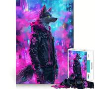 Puzzle Adulte Loup Cyberpunk Néon 1000 pièces Jeu de mémoire Amusant Assemblage Stable,pièces Qui ne bougent Pas Format Compact Idéal pour des Moments de Jeu en Famille (50x75cm)