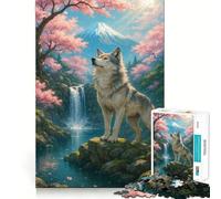 Puzzle Adulte Loup dans Un Paysage de cerisiers en Fleurs 1000 pièces Jeu de mémoire Découpe de Haute précision Activité Manuelle Exercice Mental Calme à Faire à la Maison (38x26cm)