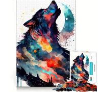 Puzzle Adulte Loup de Nuit Aquarelle 1000 pièces,Jeu de Stimulation Cognitive,sans Espace,Assemblage précis,Cadeau d'anniversaire,Casse-tête (50x75cm)