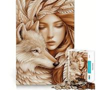 Puzzle Adulte Loup et Femme en Plumes 1000 Pièces Jeu d'entraînement cognitif Emboîtement précis sans Espace Activité de Pause mentale apaisante (38x26cm)