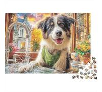 Puzzle Adulte Premium 1000 Pièces, Chiots d'automne, Border Collie dans Un Jardin Douillet, Robustes Épais Haute Qualité, Défi Antistress Jeu 38x26cm