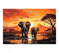 Puzzle Adulte Puzzle 1000 pièces Les éléphants du lac Sunset Puzzles Adultes à partir de 14 Ans Puzzles de Famille