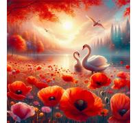 Puzzle Adulte - Puzzles 150 pièces - Paysage de Coquelicots Rouges et de cygnes - DIY Puzzles,Décoration Familiale,Cadeaux de Vacances Puzzle Jouet