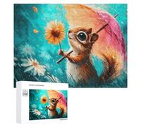 Puzzle Adulte Squirrel with Flower and Umbrella in Rain, Format 500 PCS | Pendant le puzzle : Puzzle pour adultes: passe-temps pour adulte seul ou à plusieurs.