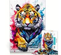 Puzzle Adulte Tigre Aquarelle Magnifique 1000 Pièces Jeu de Stimulation Cognitive sans Espace,Conception Ajustée,Cadeau d'anniversaire,Casse-tête (38x26cm)