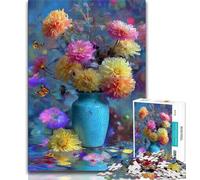 Puzzle Adulte Vase Bleu et chrysanthèmes colorés 1000 pièces, Jouets éducatifs et éducatifs, Jeux familiaux avec Affiche et fiche de Questions-réponses (38x26cm)