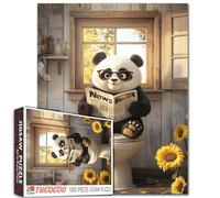 Puzzle Amusant de 1 000 pièces pour Adultes - Lunettes Mignonnes - Panda lisant Le Journal - Puzzle pour décoration de Salle de Bain - Animal Stimulant avec tournesols - Cadeau