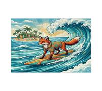 Puzzle amusant de 300 pièces, renard de plage, surf, animaux côtiers, décoration imprimée vague cool pour divertissement créatif