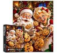 Puzzle amusant de biscuits de Noël 1000 pièces Père Noël Mme Noël pour | Illustration joyeuse de vacances avec Père Noël et Mme Claus jetant des biscuits aux pépites de chocolat