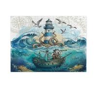 Puzzle amusant de loup nautique et pirate pour adultes, 500 pièces, puzzle imprimé trésor de l'océan, motif phare cool pour divertissement à la maison