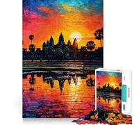 Puzzle Angkor Wat Coucher de Soleil 1000 pièces Jeu Amusant Technologie de découpe Laser avancée Jouet de Divertissement d'intérieur pour Les Vacances (38x52cm)