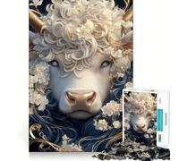 Puzzle Animalier Vache Blanche et Fleurs pour Adultes,1000 pièces,Jeu de réflexion,découpe de précision,Bords Lisses,défi Amusant pour Passer Le Temps (38x26cm)