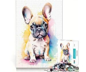 Puzzle Aquarelle Bouledogue français 1000 pièces,Jeu cognitif Amusant,découpe de Haute précision,Cadeau Unique pour soulager Le Stress (38x26cm)