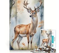 Puzzle Aquarelle Cerf dans la forêt 1000 pièces pour Adolescents Jeu Stimulant l'esprit Taille Uniforme Pièces précises Activité Amusante en Famille Le Soir (50x75cm)