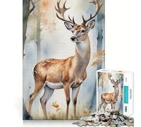 Puzzle Aquarelle Cerf dans la forêt 1000 pièces pour Adultes Jeu de mémoire Amusant Assemblage sûr et Solide Activité familiale Amusante en soirée (38x52cm)