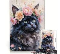 Puzzle Aquarelle Chat Noir à Couronne de Fleurs pour Adultes, 1000 pièces, idéal pour Une réflexion créative et Un Loisir agréable (38x52cm) Un Cadeau Charmant et Facile à réaliser