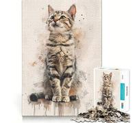 Puzzle Aquarelle Chat Tabby pour Adolescents, 1000 pièces, Jouet cognitif, Loisir Silencieux, Bords de qualité supérieure, Cadeau de Noël 38x26cm