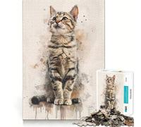 Puzzle Aquarelle Chat Tabby pour Adultes 1000 pièces Jeu de réflexion Stimulant pour l'esprit Collection d'œuvres d'art aux Contours Nets 50x75cm