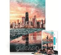 Puzzle Aquarelle Chicago Night,1000 pièces,Jeu Amusant,Technologie de découpe Laser avancée,Jouet de Divertissement d'intérieur pour Les fêtes (38x52cm)