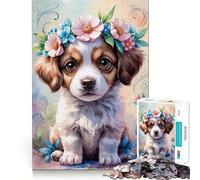 Puzzle Aquarelle Chiot avec Couronne de Fleurs pour Adultes, 1000 pièces, Jeu de logique Robuste, Anti-Tension, Bords Transparents, Cadeau de qualité supérieure (50x75cm)