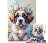 Puzzle Aquarelle de 1000 pièces représentant Un Chiot Saint-Bernard avec Une Couronne de Fleurs Idéal pour Les Adolescents il renforce la mémoire apaise et détend et Offre Original aux Bords Lisses