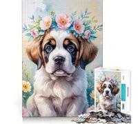 Puzzle Aquarelle de 1000 pièces représentant Un Chiot Saint-Bernard avec Une Couronne de Fleurs Idéal pour Les Adolescents il renforce la mémoire apaise et détend et Offre Original aux Bords Lisses
