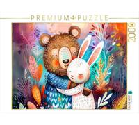 Puzzle · Aquarelle de Bande dessinée : Un Ours et Un Lapin s'étreignent | dans une scène chaleureuse · Un ours et un lièvre s'étreignent… · 2000 pièces · Format assemblé 90 × 67 cm · CALVENDO Puzzle
