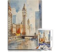 Puzzle Aquarelle de la rivière Chicago, 1000 pièces, pour Adolescents:Jeu Amusant et Stimulant pour Le développement cognitif, Cadeau Original et attentionné Dimensions:38x52 cm