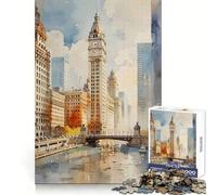 Puzzle Aquarelle de la rivière Chicago pour Adultes,1000 pièces,Exercice Mental,Divertissement paisible, (38x52cm)