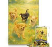 Puzzle Aquarelle de Quatre Chiots Jouant dans Un Champ, 1000 pièces, pour Adolescents, développement du raisonnement, évasion sereine, découpe Nette, Cadeau attentionné (50x75cm)