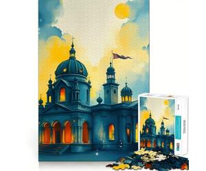 Puzzle Aquarelle Église au Coucher du Soleil 1000 pièces pour Adolescents activité de Groupe relaxante et Facile à Vivre en intérieur (50x75cm)