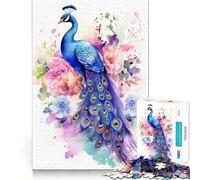 Puzzle Aquarelle Florale Paon pour Adolescents, 1000 pièces, pour stimuler la mémoire, se détendre et s'amuser, Un Cadeau Exquis (38x52cm)