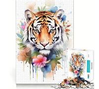 Puzzle Aquarelle Tigre et Fleurs 1000 pièces Jeu de mémoire Amusant Bords Lisses,Assemblage Parfait Une façon divertissante d'occuper Les Heures vides (38x52cm)
