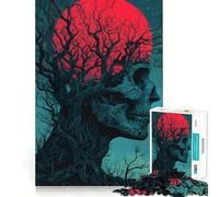 Puzzle Arbre Crâne avec Lune Rouge 1000 Pièces pour Adolescents Jeu de Logique Mentale Anti-Stress Découpe Ferme Cadeau de Père Noël 38x26cm