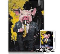 Puzzle Artistique de 1000 pièces représentant Un Cochon en Costume fumant Une Cigarette Activité éducative stimulante pour Adultes pour Les fêtes Dimensions:38x26cm